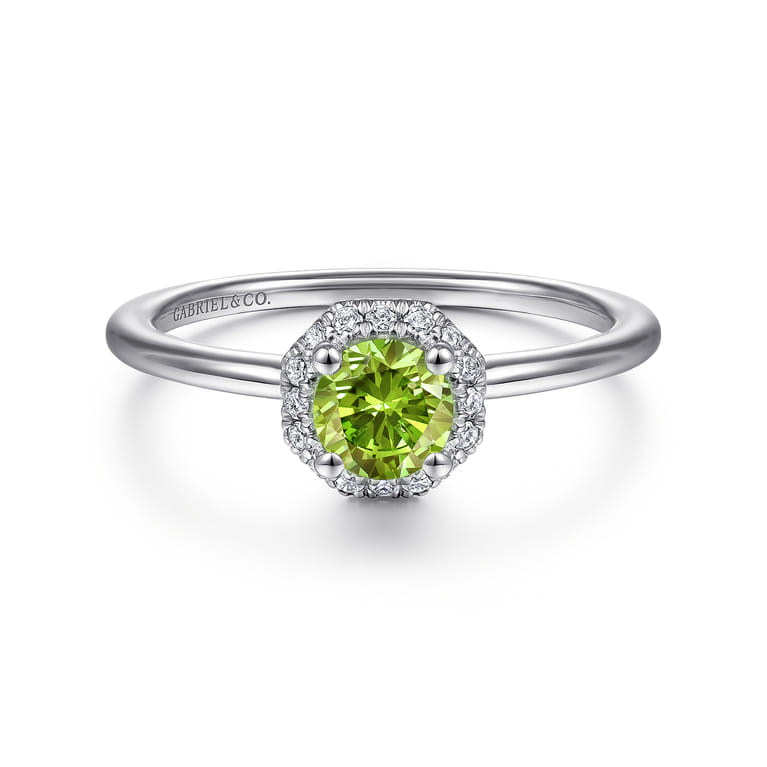 Promise Ring - 14K White Gold Round Peridot and Hexagon Diamond Halo Promise Ring - 0.09 ct - Shot 1