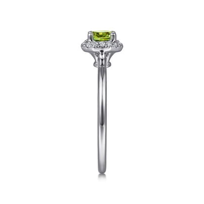 Promise Ring - 14K White Gold Round Peridot and Hexagon Diamond Halo Promise Ring