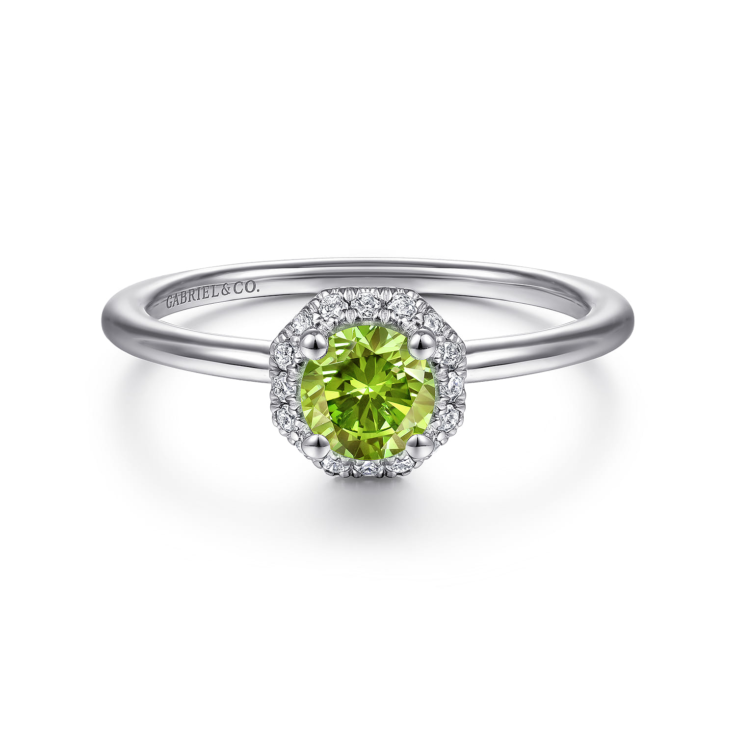 Promise Ring - 14K White Gold Round Peridot and Hexagon Diamond Halo Ring