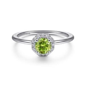 Promise Ring - 14K White Gold Round Peridot and Hexagon Diamond Halo Ring