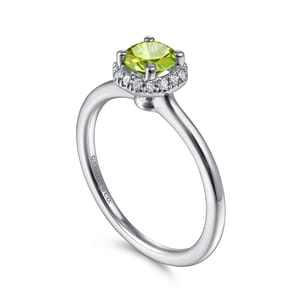 Promise Ring - 14K White Gold Round Peridot and Hexagon Diamond Halo Ring