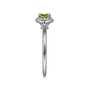 Promise Ring - 14K White Gold Round Peridot and Hexagon Diamond Halo Ring