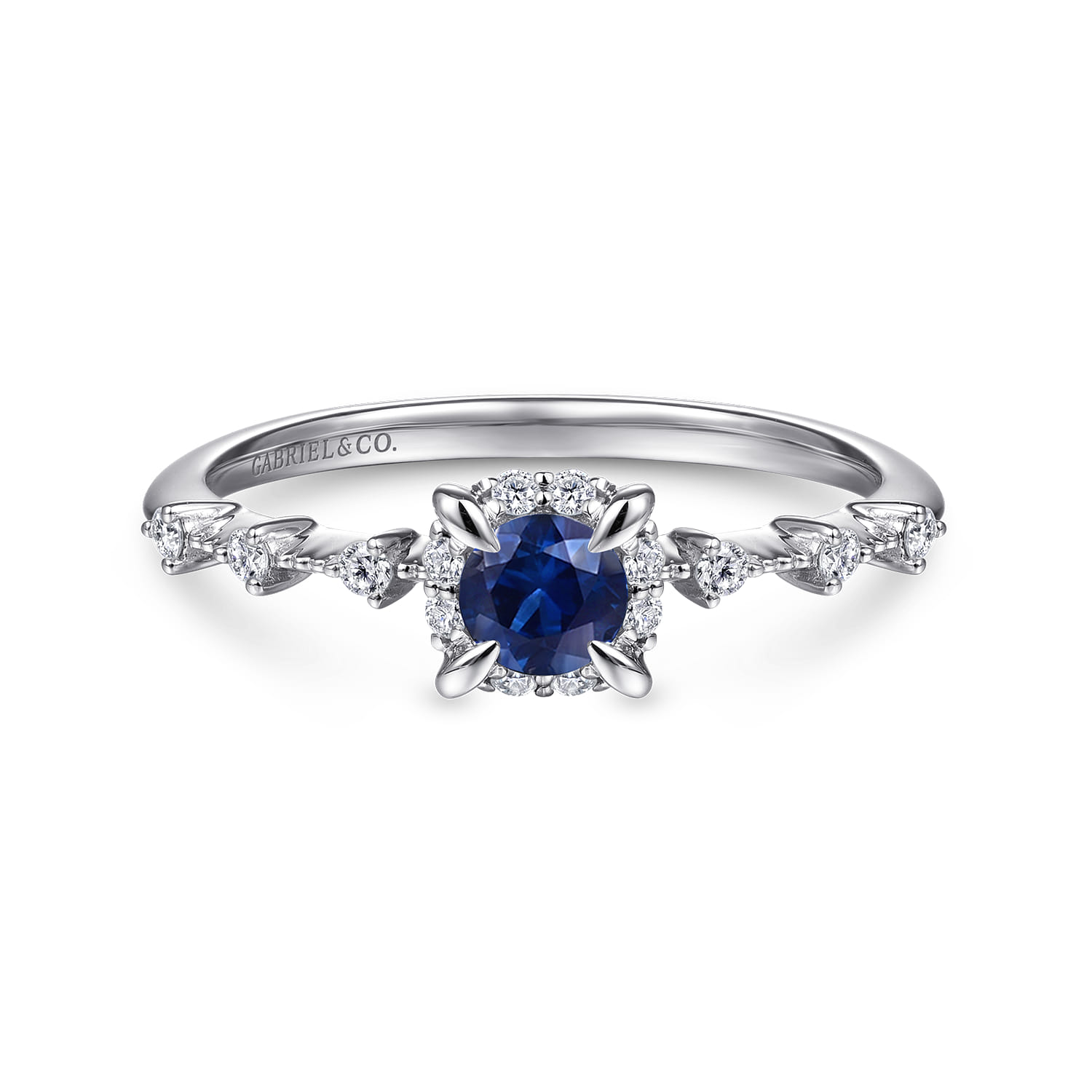 Promise Ring - 14K White Gold Round Sapphire and Diamond Halo Promise Ring - 0.12 ct - Shot 1