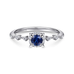 Promise Ring - 14K White Gold Round Sapphire and Diamond Halo Promise Ring