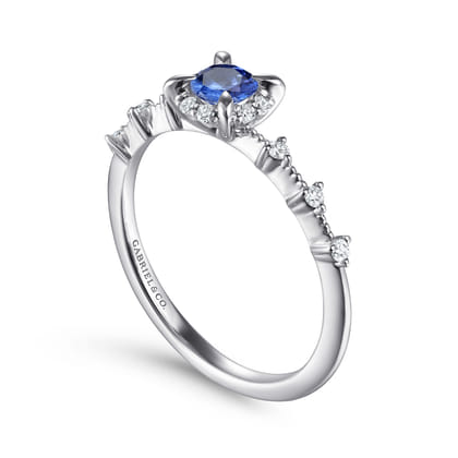 Promise Ring - 14K White Gold Round Sapphire and Diamond Halo Promise Ring