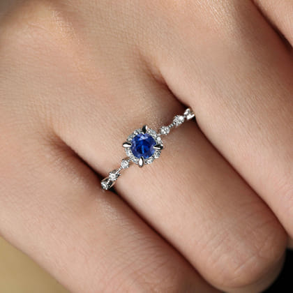 Promise Ring - 14K White Gold Round Sapphire and Diamond Halo Promise Ring