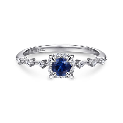 Promise Ring - 14K White Gold Round Sapphire and Diamond Halo Ring