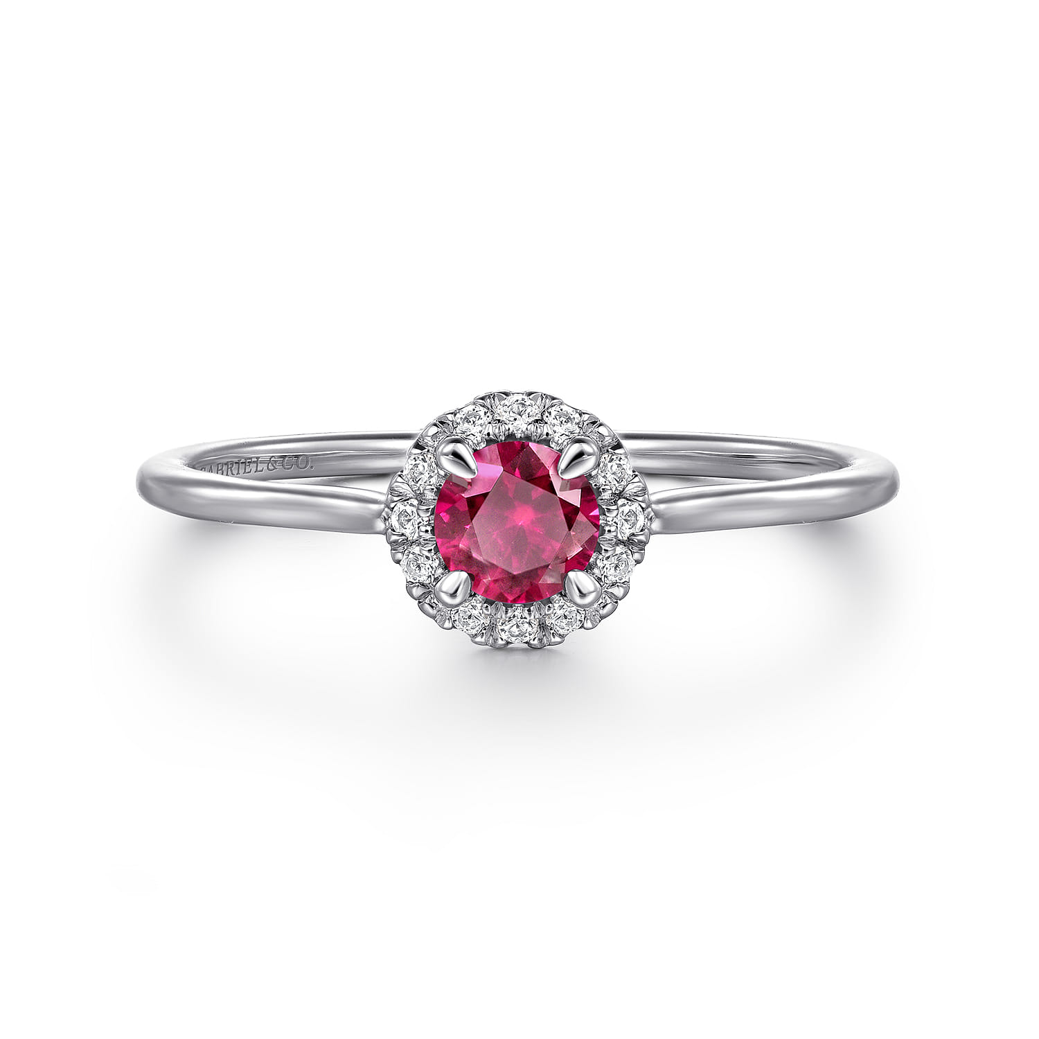 Promise Ring - 14K White Gold Ruby and Diamond Halo Promise Ring - 0.06 ct - Shot 1