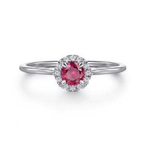 Promise Ring - 14K White Gold Ruby and Diamond Halo Promise Ring