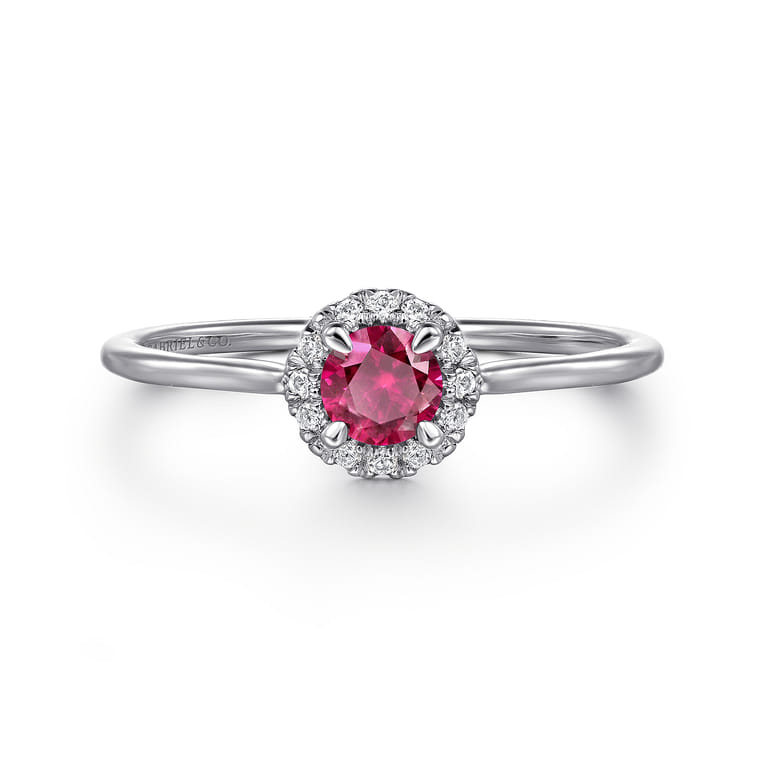 Promise Ring - 14K White Gold Ruby and Diamond Halo Promise Ring - 0.06 ct - Shot 1