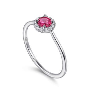 Promise Ring - 14K White Gold Ruby and Diamond Halo Promise Ring