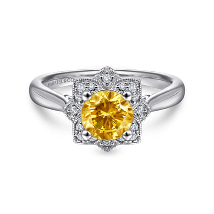 Promise Ring - 14K White Gold Vintage Halo Citrine and Diamond Promise Ring