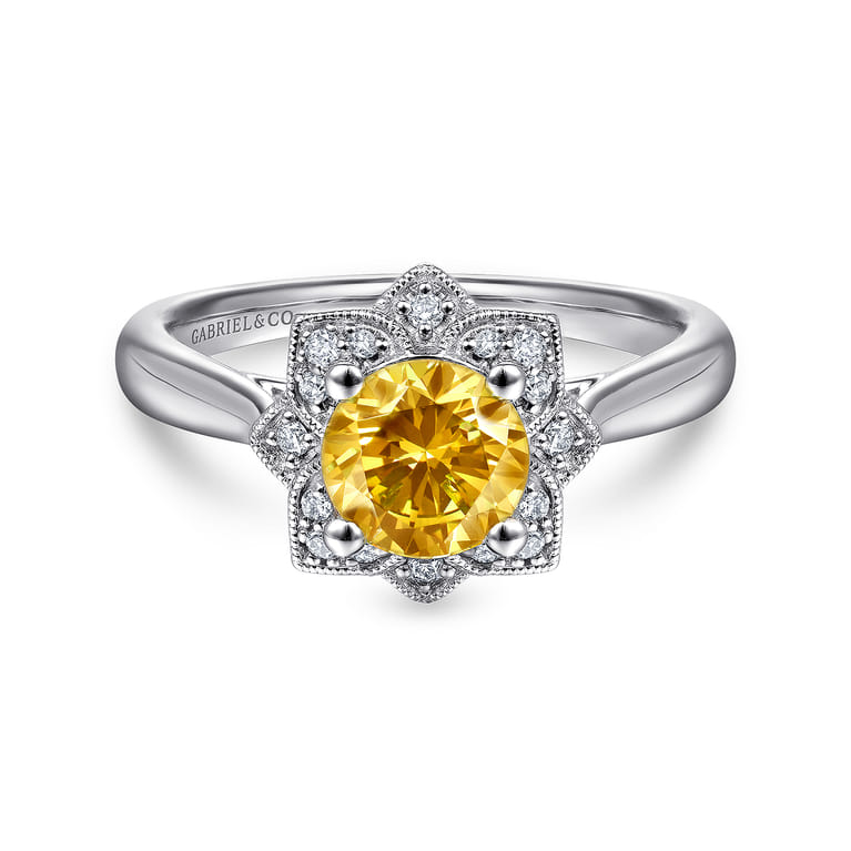 Promise Ring - 14K White Gold Vintage Halo Citrine and Diamond Promise Ring - 0.09 ct - Shot 1