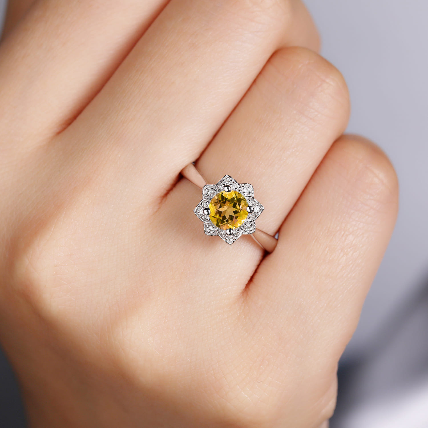 Promise Ring - 14K White Gold Vintage Halo Citrine and Diamond Promise Ring - 0.09 ct - Shot 5