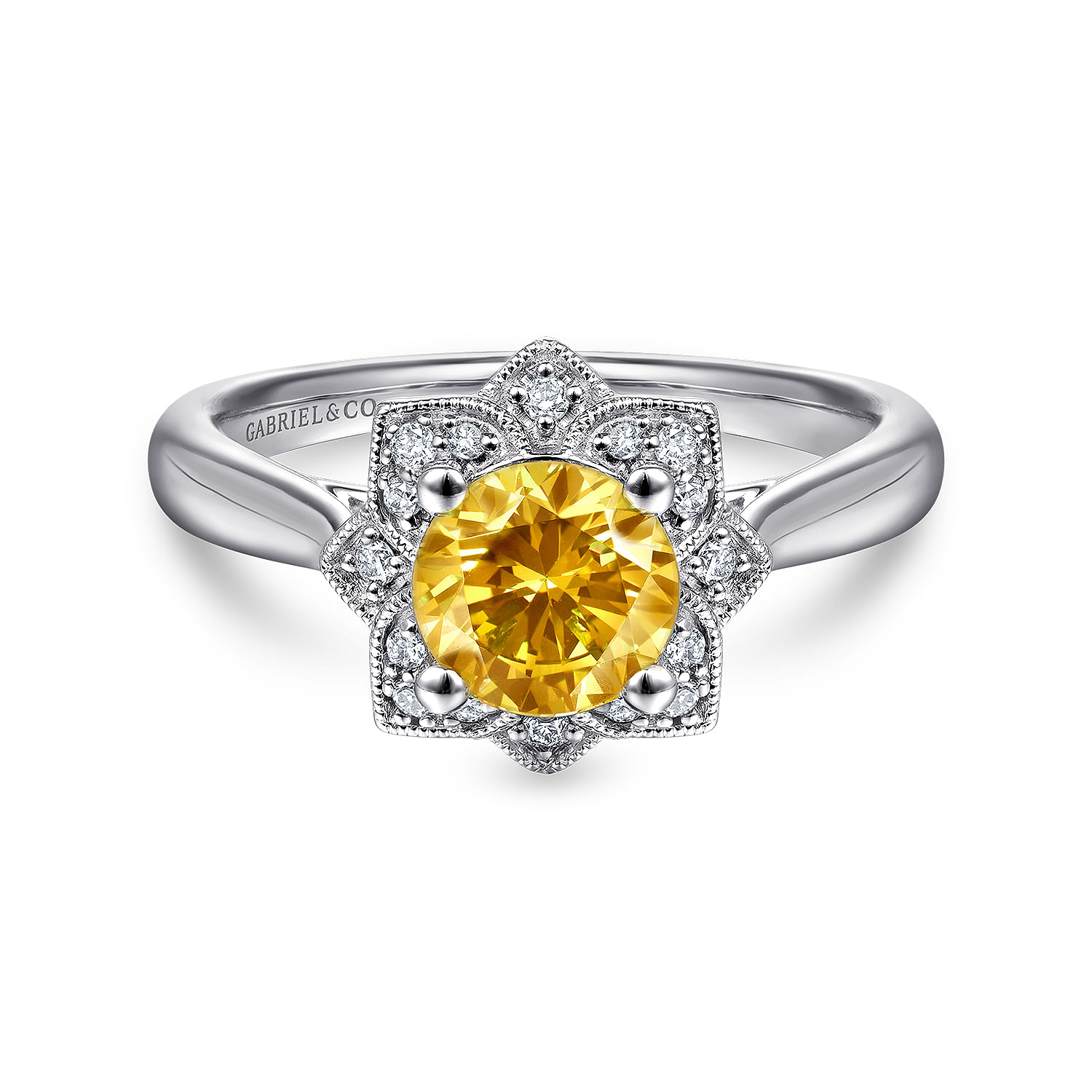 Promise Ring - 14K White Gold Vintage Halo Citrine and Diamond Ring