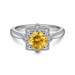 Promise Ring - 14K White Gold Vintage Halo Citrine and Diamond Ring