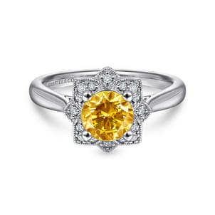 Promise Ring - 14K White Gold Vintage Halo Citrine and Diamond Ring