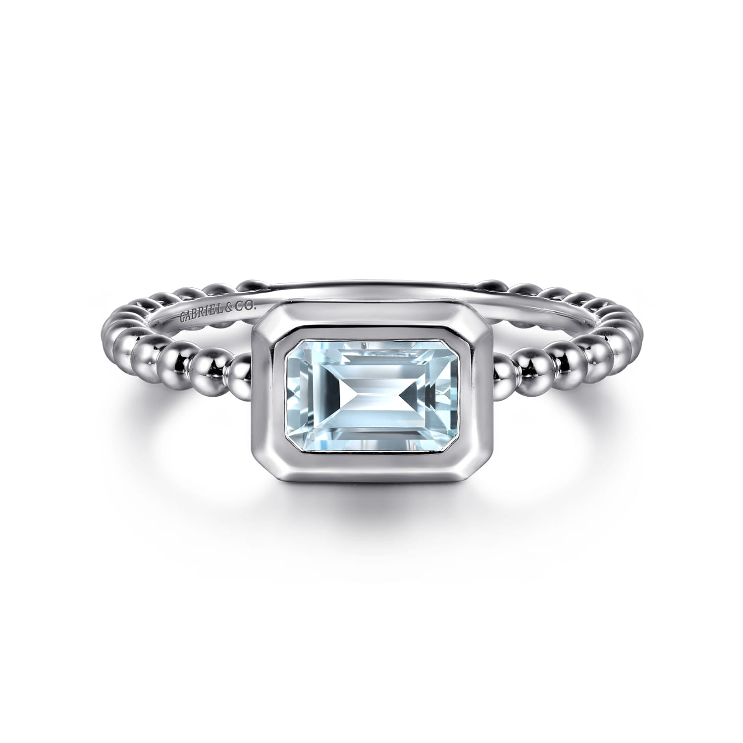 Promise Ring - 14K White Plain Gold Bujukan And Aquamarine Stackable Promise Ring - Shot 1