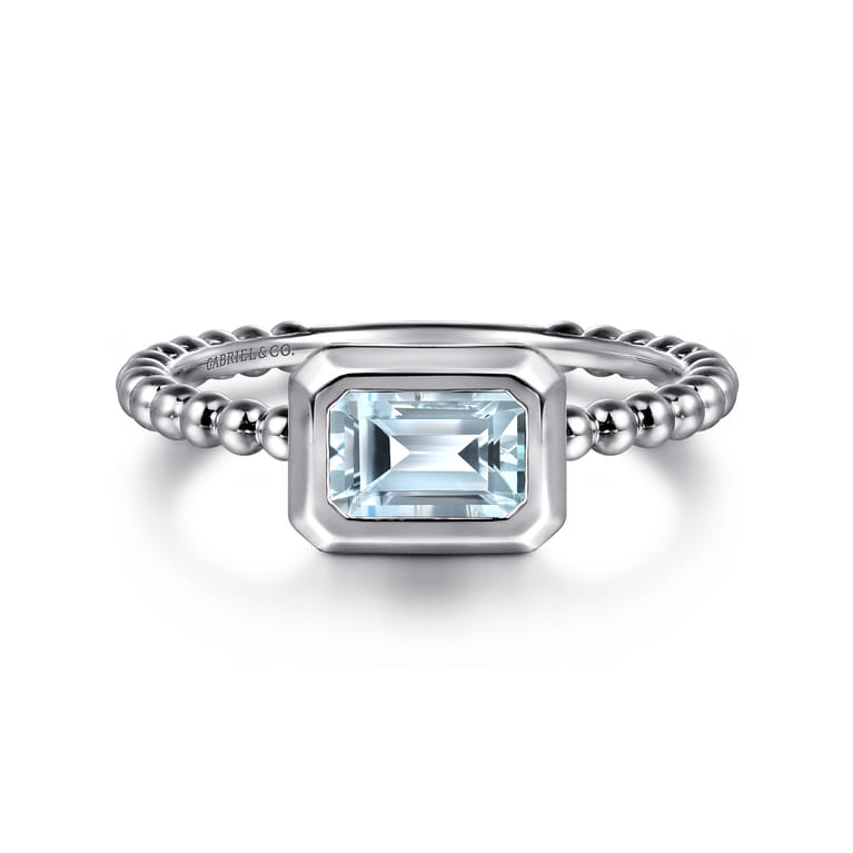 Promise Ring - 14K White Plain Gold Bujukan And Aquamarine Stackable Promise Ring - Shot 1