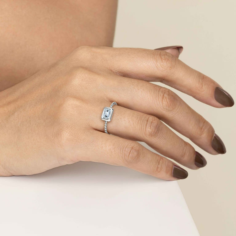 Promise Ring - 14K White Plain Gold Bujukan And Aquamarine Stackable Promise Ring - Shot 5