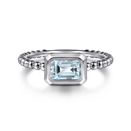 Promise Ring - 14K White Plain Gold Bujukan And Aquamarine Stackable Ring