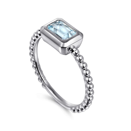 Promise Ring - 14K White Plain Gold Bujukan and Aquamarine Stackable Promise Ring