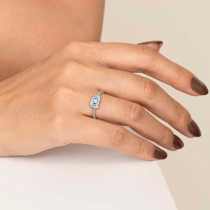 Promise Ring - 14K White Plain Gold Bujukan and Aquamarine Stackable Promise Ring
