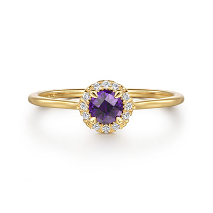 Promise Ring - 14K Yellow Gold Amethyst and Diamond Halo Promise Ring