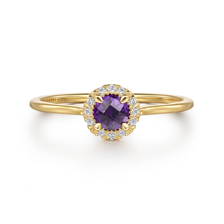 Promise Ring - 14K Yellow Gold Amethyst and Diamond Halo Promise Ring - 0.06 ct - Shot 1