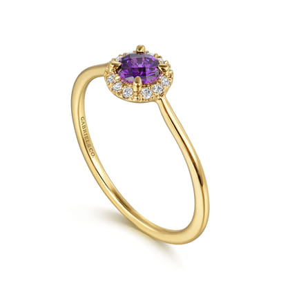 Promise Ring - 14K Yellow Gold Amethyst and Diamond Halo Promise Ring