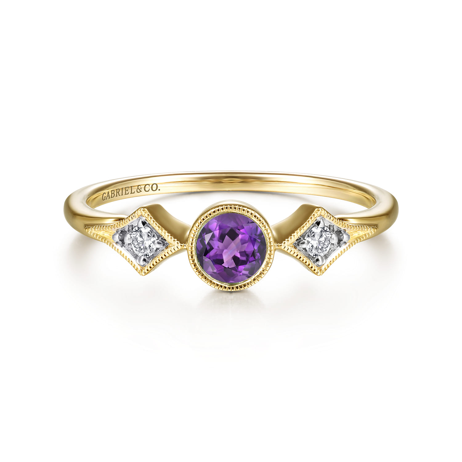 Promise Ring - 14K Yellow Gold Amethyst and Diamond Promise Ring - 0.05 ct - Shot 1