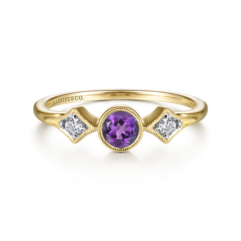Promise Ring - 14K Yellow Gold Amethyst and Diamond Promise Ring - 0.05 ct - Shot 1