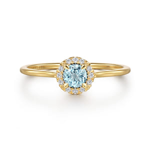 Promise Ring - 14K Yellow Gold Aquamarine and Diamond Halo Promise Ring