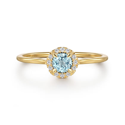 Promise Ring - 14K Yellow Gold Aquamarine and Diamond Halo Promise Ring
