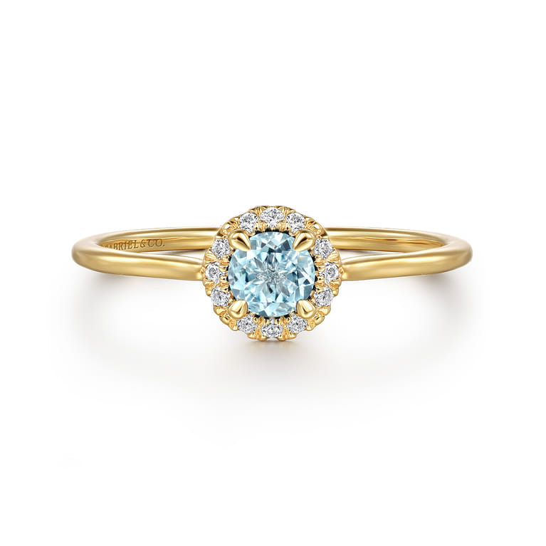 Promise Ring - 14K Yellow Gold Aquamarine and Diamond Halo Promise Ring - 0.06 ct - Shot 1