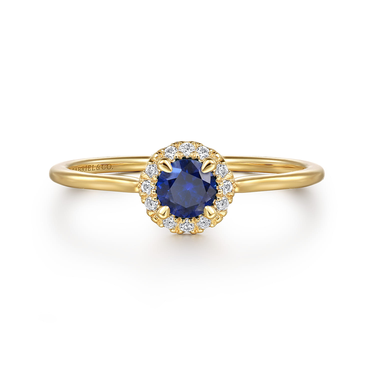 Promise Ring - 14K Yellow Gold Blue Sapphire and Diamond Halo Promise Ring - 0.06 ct - Shot 1