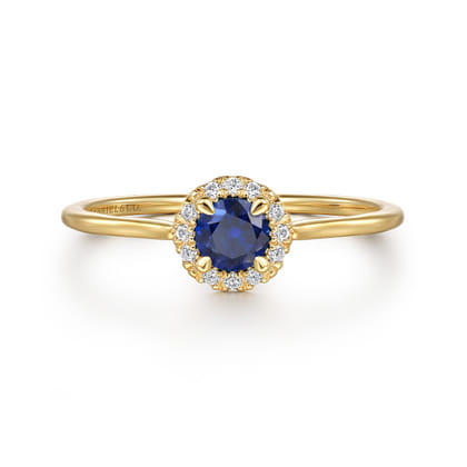 Promise Ring - 14K Yellow Gold Blue Sapphire and Diamond Halo Promise Ring