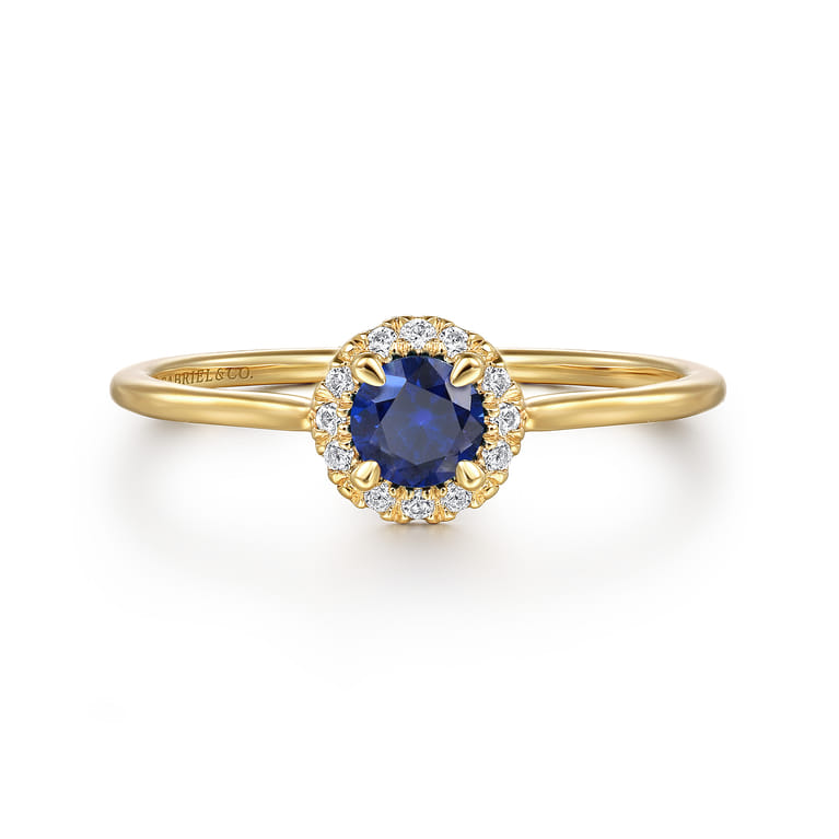 Promise Ring - 14K Yellow Gold Blue Sapphire and Diamond Halo Promise Ring - 0.06 ct - Shot 1