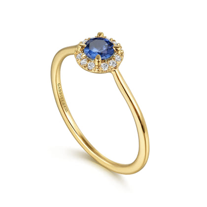 Promise Ring - 14K Yellow Gold Blue Sapphire and Diamond Halo Promise Ring