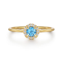 Promise Ring - 14K Yellow Gold Blue Topaz and Diamond Halo Promise Ring