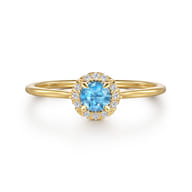 Promise Ring - 14K Yellow Gold Blue Topaz and Diamond Halo Promise Ring