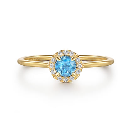 Promise Ring - 14K Yellow Gold Blue Topaz and Diamond Halo Promise Ring