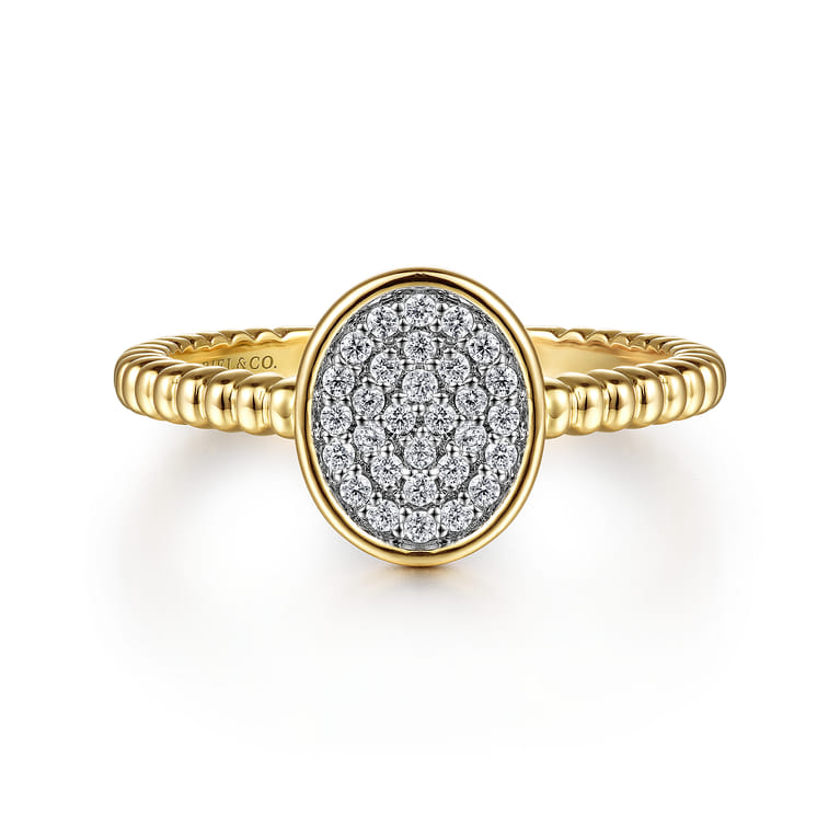Promise Ring - 14K Yellow Gold Bujukan Diamond Pave Oval Signet Promise Ring - 0.15 ct - Shot 1