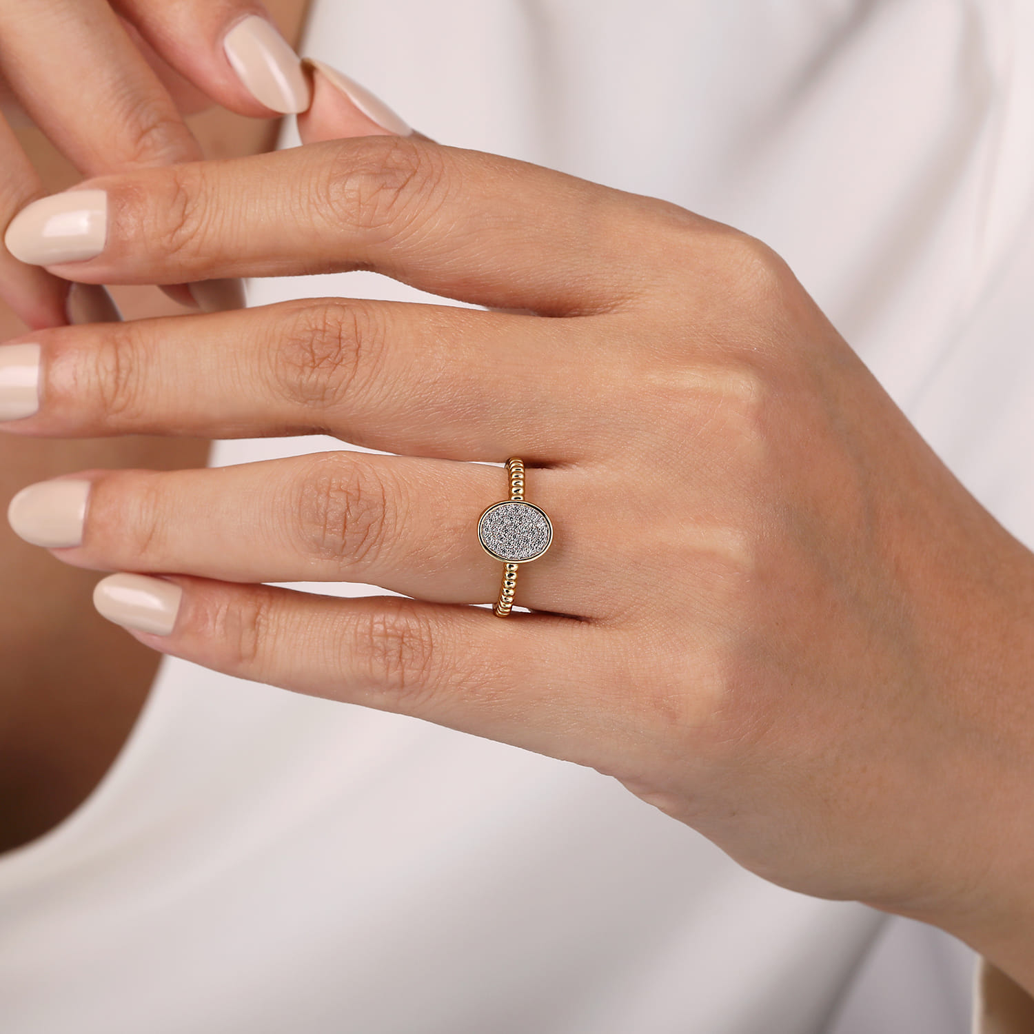 Promise Ring - 14K Yellow Gold Bujukan Diamond Pave Oval Signet Ring