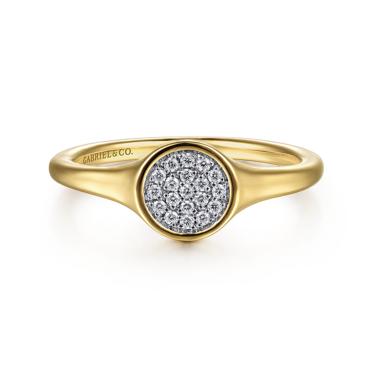 Promise Ring - 14K Yellow Gold Cluster Pave Diamond Signet Promise Ring - 0.1 ct - Shot 1
