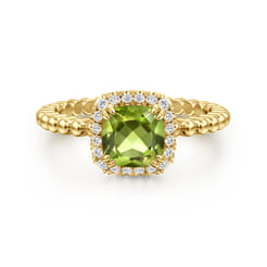 Promise Ring - 14K Yellow Gold Cushion Cut Peridot and Diamond Halo Promise Ring