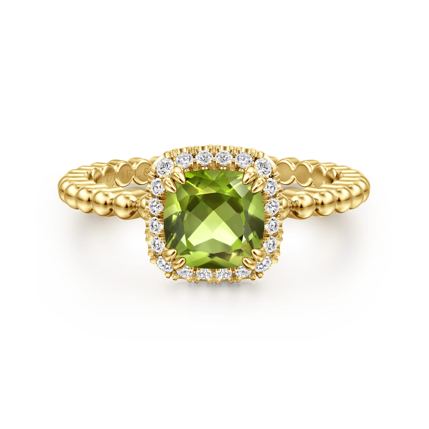Promise Ring - 14K Yellow Gold Cushion Cut Peridot and Diamond Halo Ring