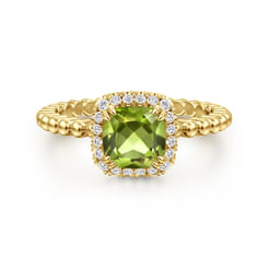 Promise Ring - 14K Yellow Gold Cushion Cut Peridot and Diamond Halo Ring