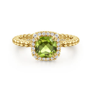 Promise Ring - 14K Yellow Gold Cushion Cut Peridot and Diamond Halo Ring