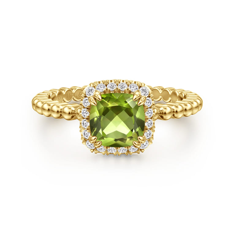Promise Ring - 14K Yellow Gold Cushion Cut Peridot and Diamond Halo Ring - 0.1 ct - Shot 1
